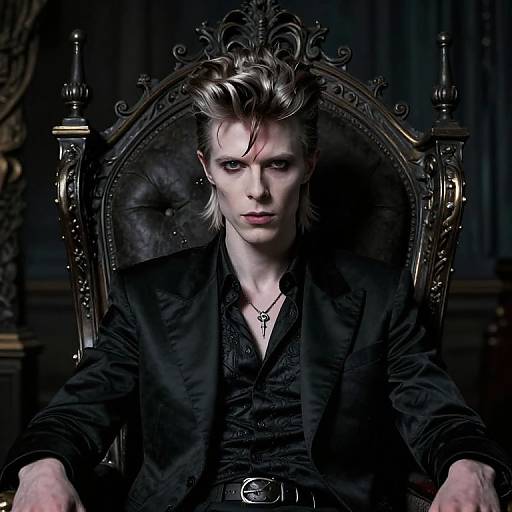 Photograph of a pale, androgynous man with spiky blond hair, wearing a black velvet jacket and necklace with a cross, seated on