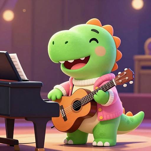 Charming Dinosaur Playing Piano and Guitar