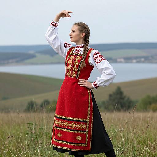Photograph of a blonde woman in a red and black traditional Eastern European dress, standing in a grassy field with a lake and hills in the background