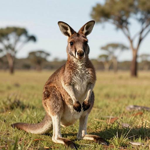 Photograph of a kangaroo standing in a sunlit grassy field, with blurred trees in the background, looking directly at the camera.