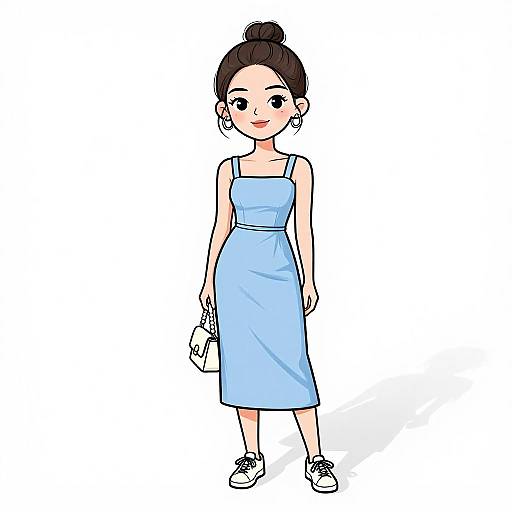 Digital illustration of a smiling young woman with fair skin, dark hair in a bun, wearing a light blue sleeveless dress, white sneakers, and holding