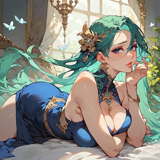 Green Haired Woman in Blue Dress