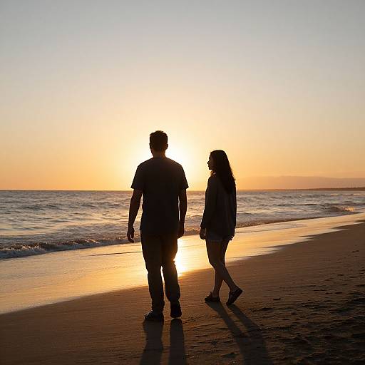 Silhouetted couple walking on a beach at sunset, golden sun reflected in wet sand, calm ocean waves in background.