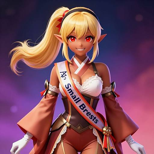 Digital anime-style artwork of a blonde elf with red eyes, wearing a 