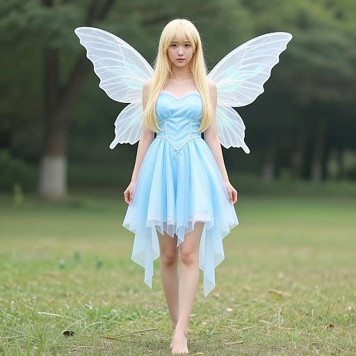 Photograph of a blonde woman with angel wings and a white dress standing in a grassy, forested area, looking directly at the camera.