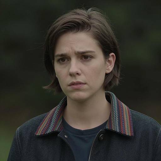 Concerned Young Woman with Colorful Collar Jacket