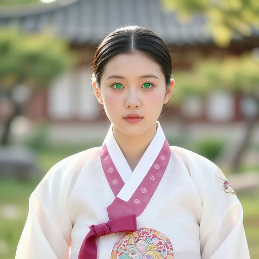 Photograph of an East Asian woman with green eyes, black hair in a bun, wearing a white traditional hanbok with red and pink floral patterns