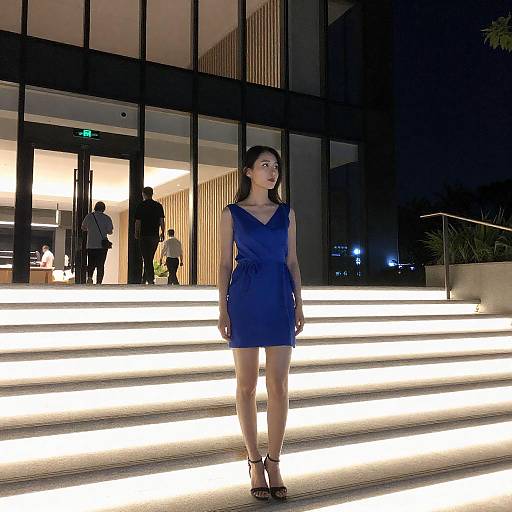 Evening Elegance: Woman on Illuminated Steps