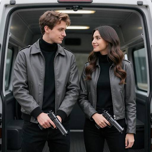 Two People in Leather Jackets Holding Guns Inside Van