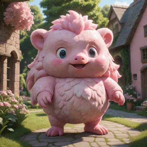CGI image of a cute, fluffy pink chicken with big blue eyes, standing on a sunlit village path with colorful flowers and quaint buildings.
