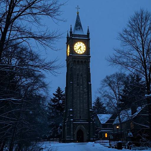 Photograph of a Gothic-style church tower with a glowing yellow clock, framed by bare trees against a blue twilight sky, with snow-covered ground and surrounding