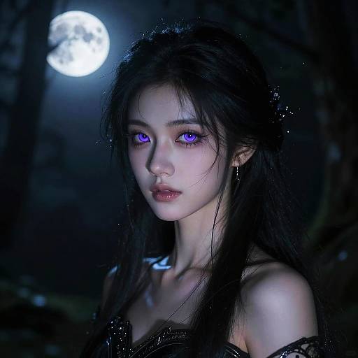 Mysterious Woman in Moonlit Forest
