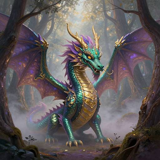Digital fantasy artwork of a vibrant, turquoise and gold dragon with purple wings and fiery eyes, standing in a misty, enchanted forest.