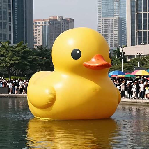 Photograph of a giant yellow inflatable rubber duck floating in a city pond, with skyscrapers and a crowd in background.