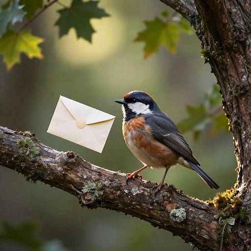 Photograph of a black-capped chickadee with orange and white plumage, perched on a mossy tree branch, holding a small white