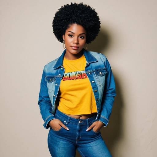 Confident Young Woman in Denim Jacket and Afro Hairstyle