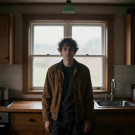 Man in Dimly Lit Wooden Kitchen
