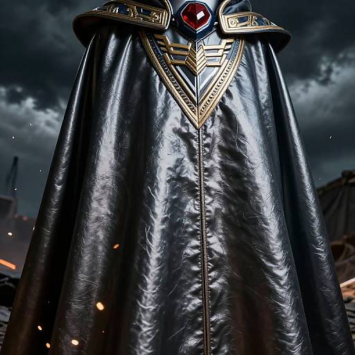 Photograph of a shiny black leather cape with gold trim and a large red gem at the top, set against a stormy, dark sky.
