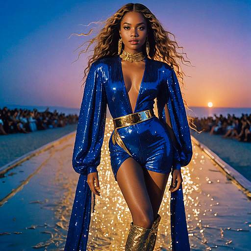 Glamorous Woman in Royal Blue Sequined Outfit on Beach Runway