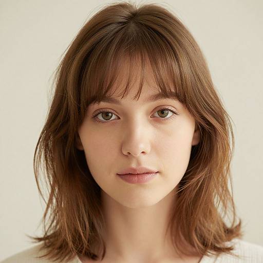 Photograph of a young Caucasian woman with light skin, brown eyes, and shoulder-length brown hair with bangs, looking directly at the camera against a