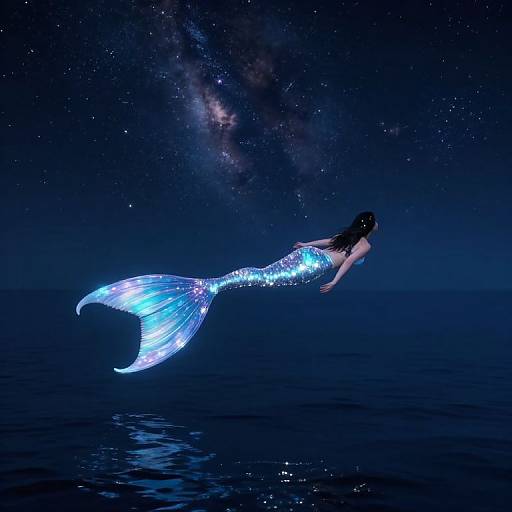 Digital art of a glowing blue mermaid with a luminous tail, swimming in a starry night ocean, under the Milky Way.