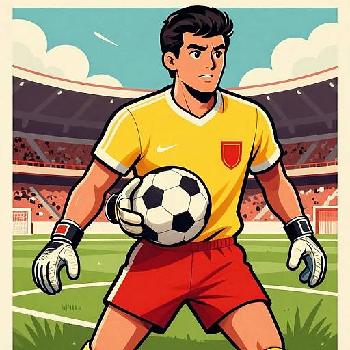 Digital illustration of a determined male soccer player in yellow shirt, red shorts, and gloves, holding a soccer ball on a stadium field.