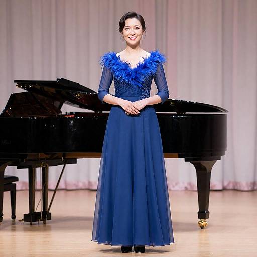 Elegant Woman in Blue Gown by Piano