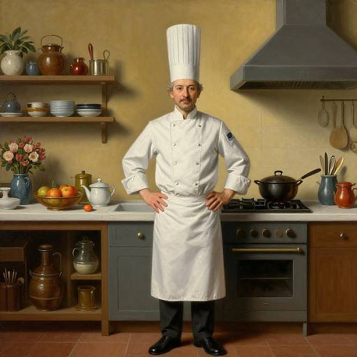 Photograph of a bearded male chef in white uniform and tall hat, standing confidently in a well-stocked, warmly lit kitchen.