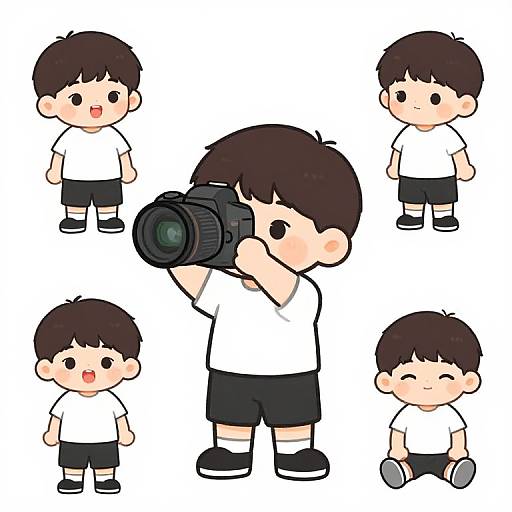 Digital illustration of six cartoon boys with brown hair, wearing white shirts and black shorts, in various poses, including one using a camera. Simple, cute