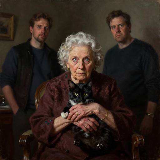 Photorealistic painting of an elderly white woman with curly white hair, wearing a maroon dress, holding a black cat, flanked by two serious