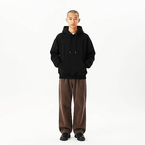 Young Man in Black Hoodie and Brown Pants