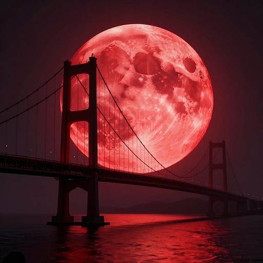 Photograph of a massive, glowing red full moon behind the iconic Golden Gate Bridge, silhouetted against a dark, reflective night sky.