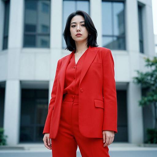 Photograph of a confident Asian woman with shoulder-length black hair, wearing a vibrant red suit, standing in front of a modern white building with large windows