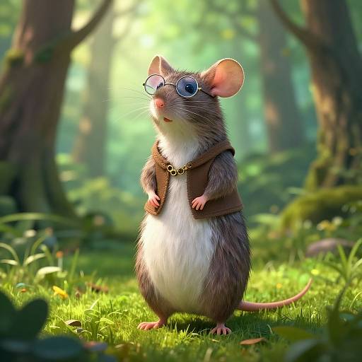 CGI image of an anthropomorphic mouse in a forest, wearing round glasses, a brown vest, and a gold necklace, standing on grass. Sun