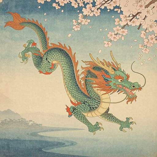 Digital illustration of a green, serpentine dragon with orange mane and claws, leaping under cherry blossom branches against a blue sky. Traditional East Asian