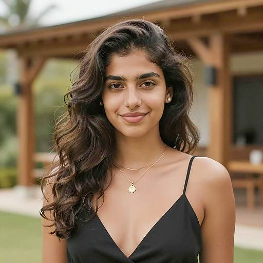 Young Woman with Wavy Hair in Outdoor Setting