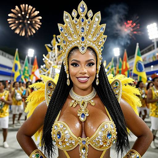 Photograph of a beautiful Black woman with dark skin, long braids, and large breasts, wearing a gold and blue jeweled crown, matching necklace