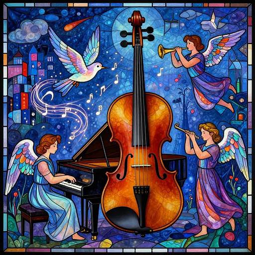 Stained glass artwork: Angel playing flute, angel playing cello, white dove singing, vibrant blue night sky, cityscape, and full moon.