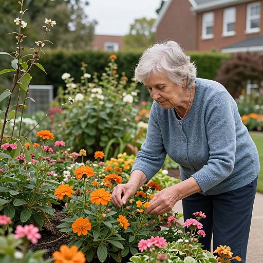 Photograph of an elderly white woman with short grey hair, wearing a blue sweater, tending to a vibrant garden with orange and pink flowers, standing