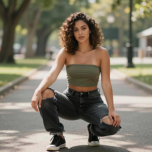 Curvy Woman in Casual Summer Outfit Squatting Outdoors