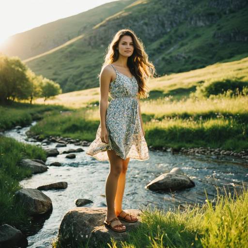 Young Woman in Floral Dress by Stream at Golden Hour