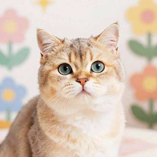 Photograph of a fluffy, brown tabby cat with large, bright blue eyes, looking upwards against a colorful, blurred floral background.
