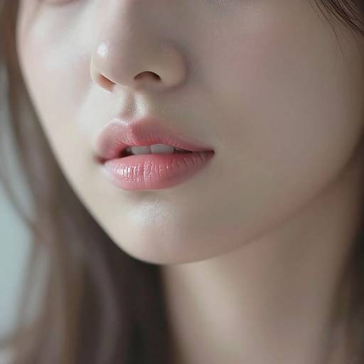 Close-up photograph of an Asian woman's face, focusing on her glossy pink lips and fair skin, with soft, natural light highlighting her smooth complexion and