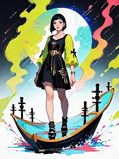 Stylish Woman Standing on Boat with Neon Lime Dress