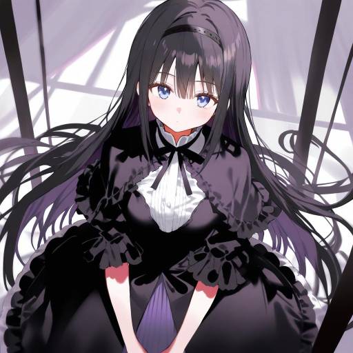 Illustration of Akemi homura (black dress), mahou shoujo madoka magica in the style of Kuhotaka