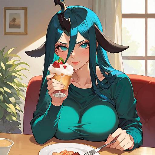 Anime Style Queen Chrysalis Eating Parfait in Cafe
