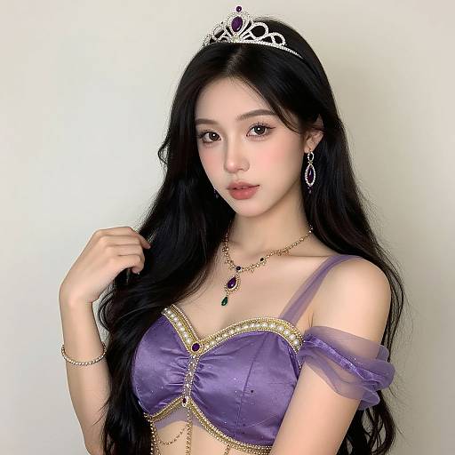 Photorealistic digital portrait of an East Asian woman with long black hair, wearing a purple off-shoulder top, gold jewelry, tiara,