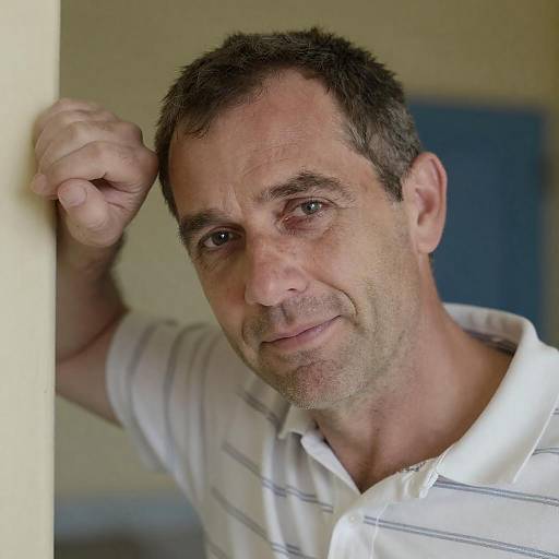 Middle-aged man with weathered eye leaning on wall