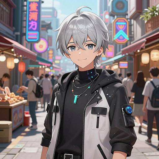 Anime-style digital drawing of a silver-haired, blue-eyed boy in a black and white jacket, necklace, standing in a bustling, neon-lit street