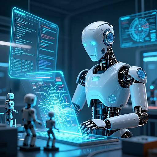 Photorealistic CGI of a white, glowing robotic humanoid typing on a holographic blue interface in a futuristic lab with smaller robots and digital screens.